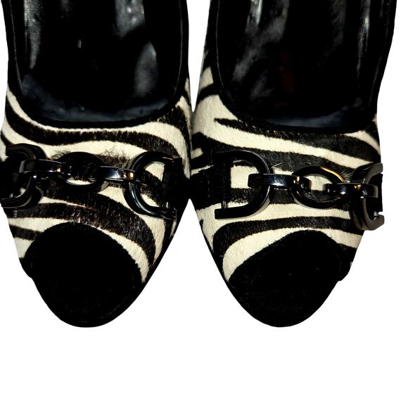 Chico's Shoes 7.5 Zebra Print Buckles Platform Open Toe High Heel Pump Stiletto - Picture 4 of 9